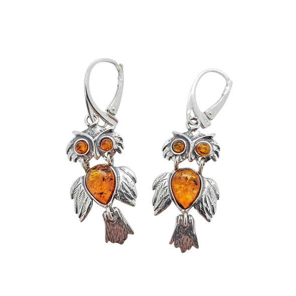 Cognac Amber Sterling Silver Owl Earrings ---