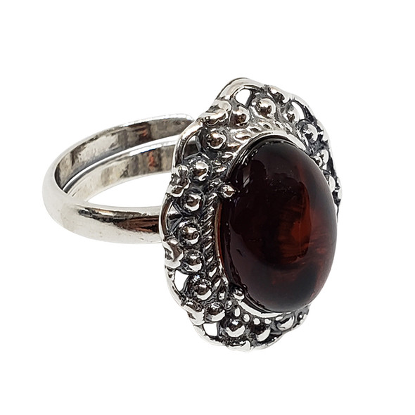 Cherry Amber Sterling Silver Adjustable Ring -