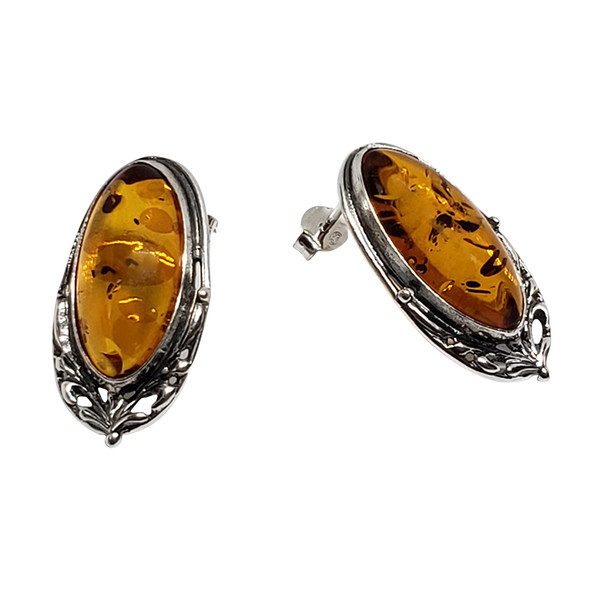 Cognac Amber Sterling Silver Stud Earrings ....
