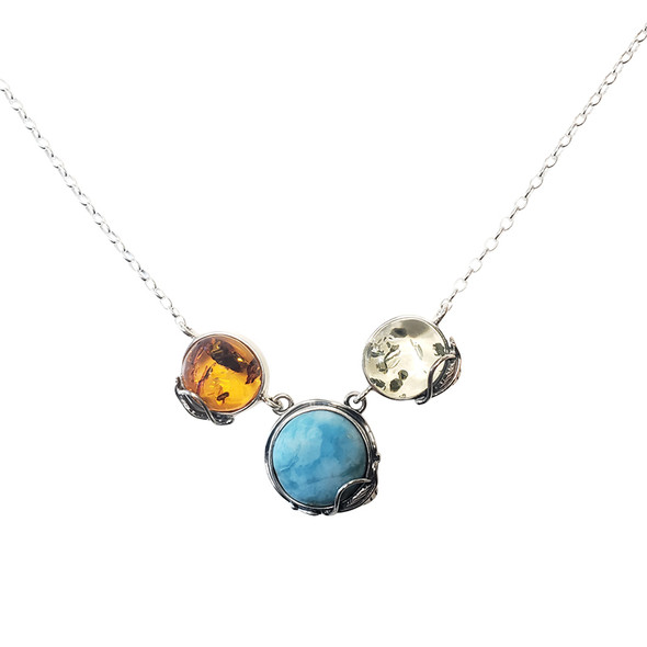 Multicolor amber/larimar handmade necklace. Round-shaped amber and larimar stones are set in .925 sterling silver.