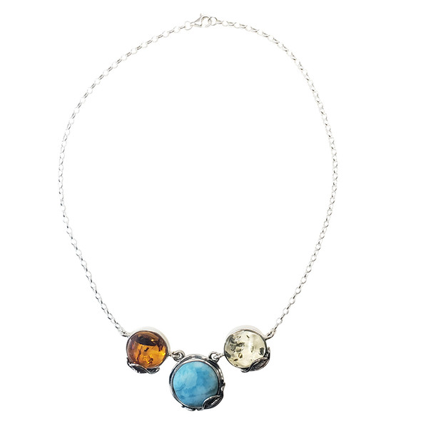 Multicolor amber/larimar handmade necklace. Round-shaped amber and larimar stones are set in .925 sterling silver.