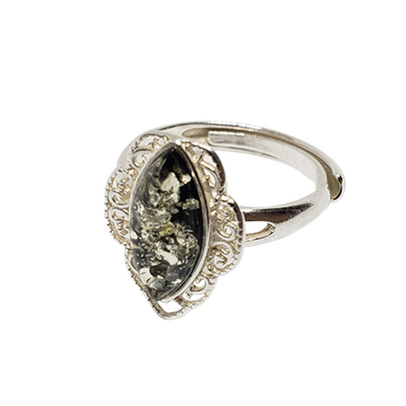 Green Amber Sterling Silver Adjustable Ring .