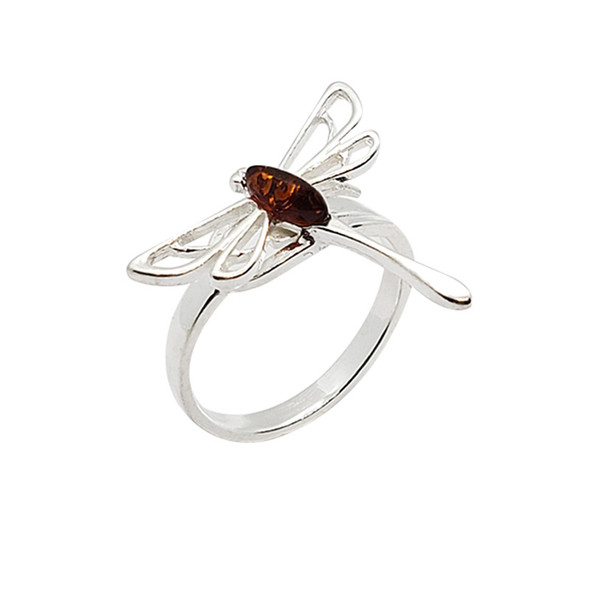 Cognac Amber Sterling Silver Dragonfly Ring --