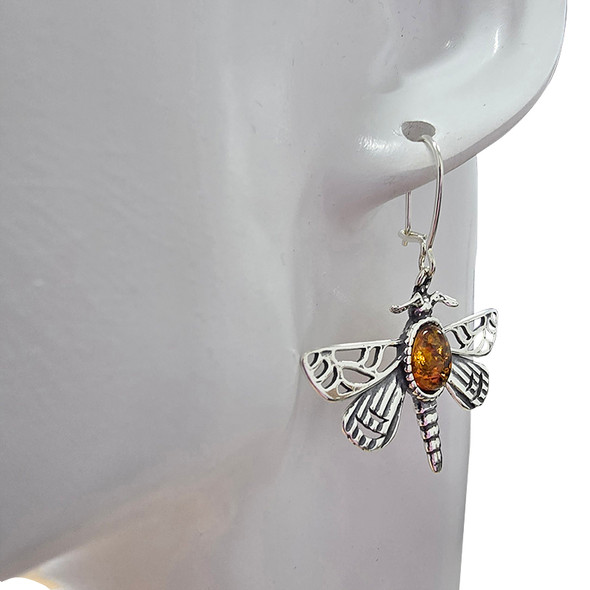 Amber Sterling Silver Dragonfly Earrings On Hooks