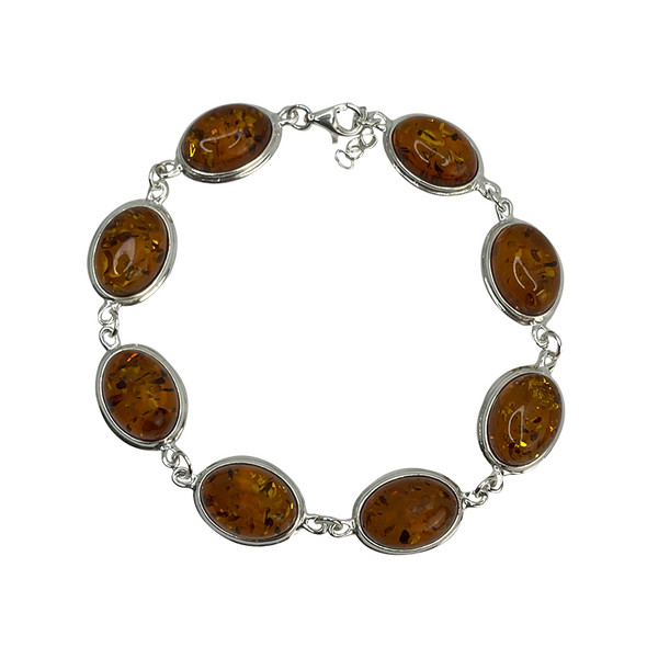 Cognac Amber Simple Oval Sterling Silver Link Bracelet