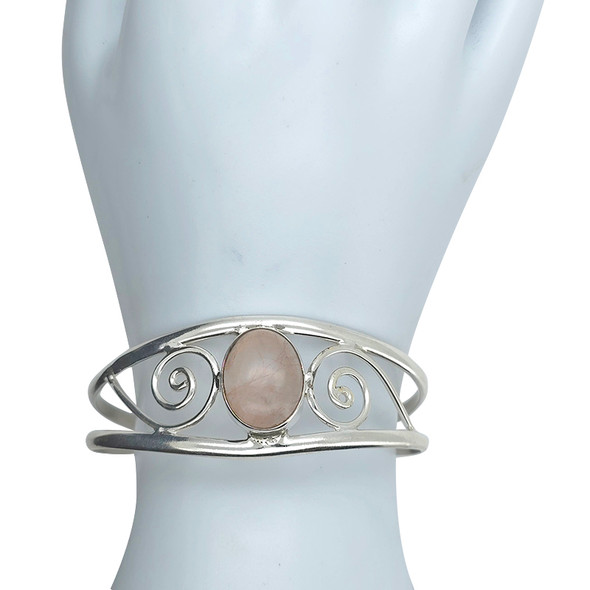 Rose Quartz Sterling Silver Cuff Bracelet (BR-RQ-7205)