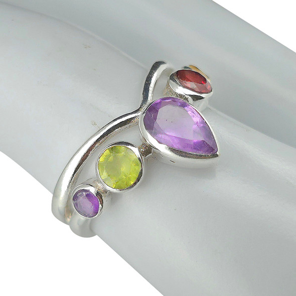 Faceted Multi Gemstone Adjustable Ring
