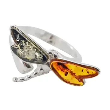 Multicolor Amber Dragonfly Sterling Silver Adjustable Ring