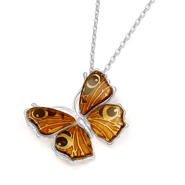 Peacock Butterfly Cameo Amber Silver Pendant