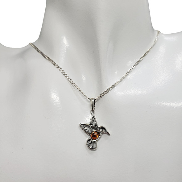 Hummingbird Cognac Amber Sterling Silver Pendant