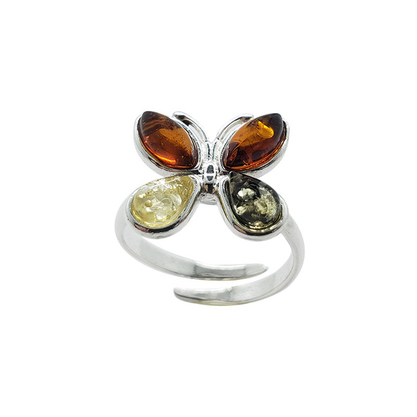Butterfly Multicolor Amber Sterling Silver Adjustable Ring (3304)