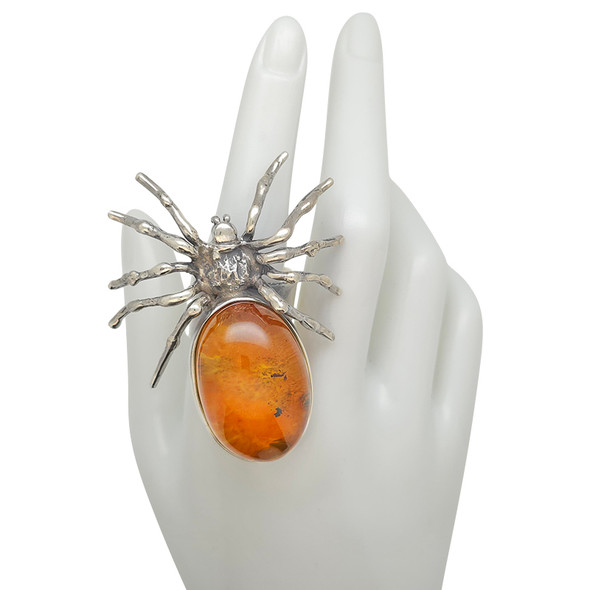 Cognac Amber Sterling Silver Handmade Spider Adjustable Ring