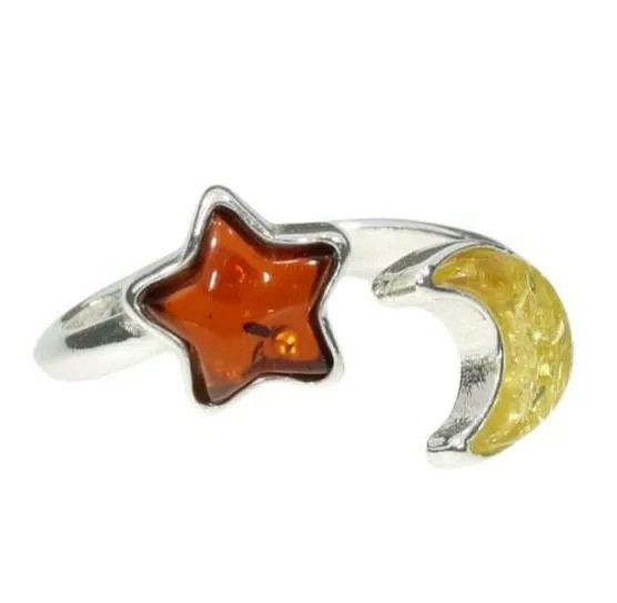 Star & Moon Multicolor Amber Adjustable Ring