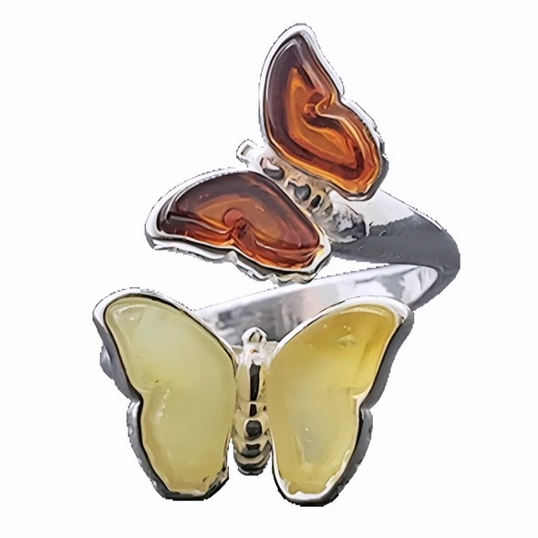 Multicolor Amber Sterling Silver Butterfly Adjustable Ring