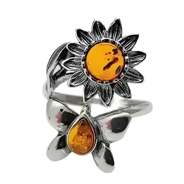 Cognac Amber Sterling Silver Sunflower/Butterfly Adjustable Ring