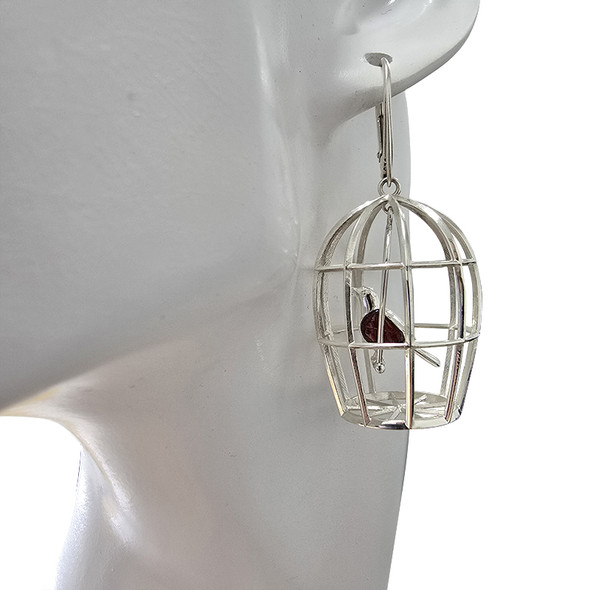 Bird In A Cage Amber Silver Earrings