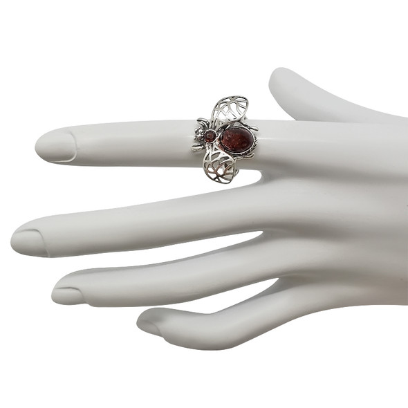 Bee Cognac Amber Sterling Silver Adjustable Ring (R-CG-4963)