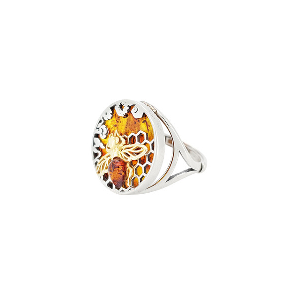 Bee Cognac Amber Silver Adjustable Ring