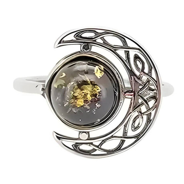 Green Amber Sterling Silver Celtic Moon Ring