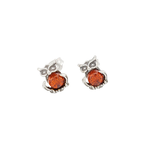 Owl Cognac Amber Sterling Silver Stud Earrings