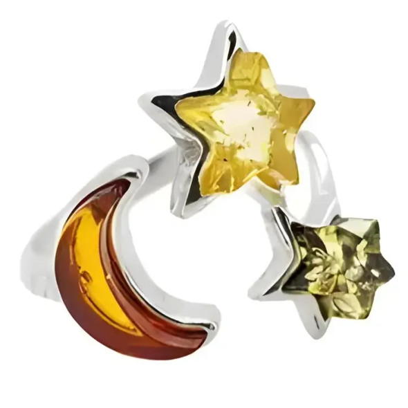 Stars Moon Multi Color Amber Silver Adjustable Ring