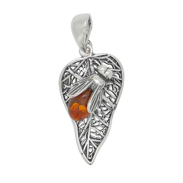 Cognac Amber Silver Fly On A Leaf Pendant (P-CG-6185)