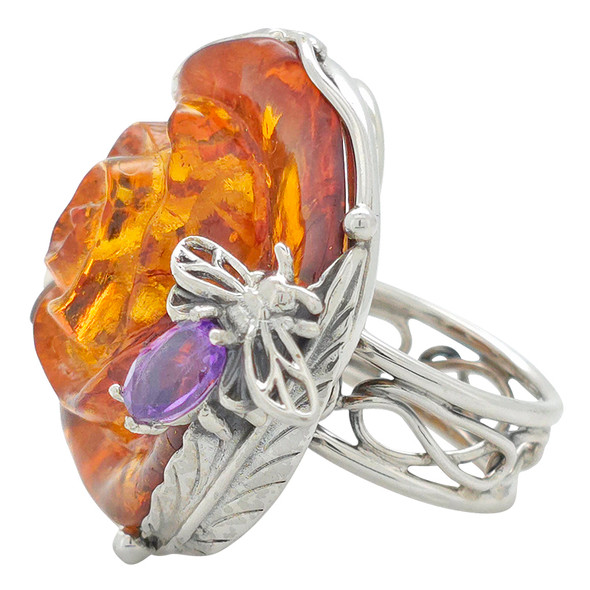 Handmade Amber Rose Adjustable Silver Ring