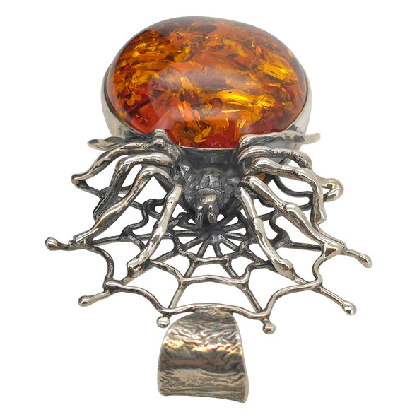Handmade Spider on a Cobweb Oxidized Silver Amber Pendant