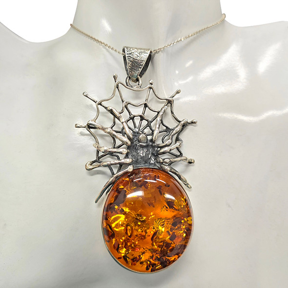 Handmade Spider on a Cobweb Oxidized Silver Amber Pendant