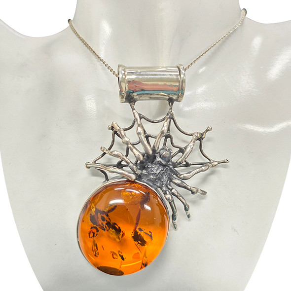 Handmade Spider Oxidized Silver Amber Pendant