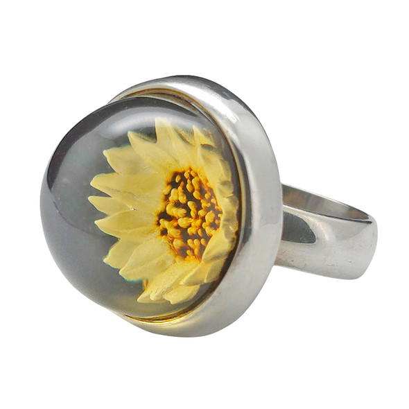 Cameo Amber Silver Sunflower Adjustable Ring