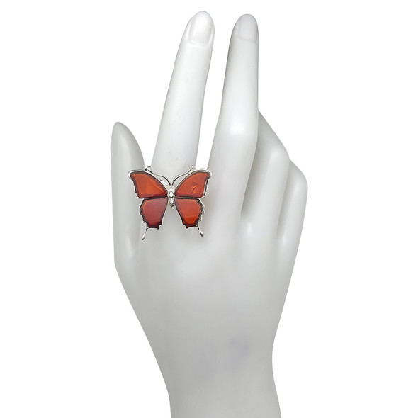 Amber Sterling Silver Butterfly Adjustable Ring