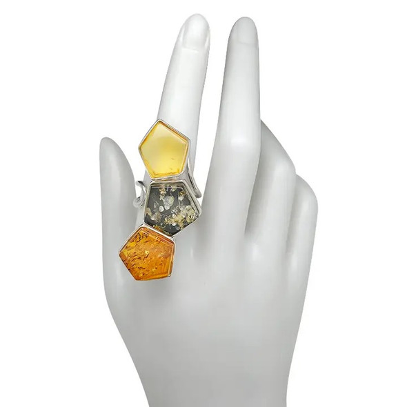 Multi-Color Amber Honeycomb Silver Adjustable Ring