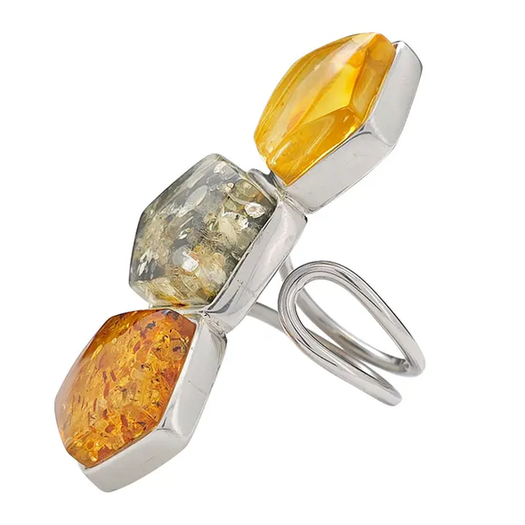 Multi-Color Amber Honeycomb Silver Adjustable Ring