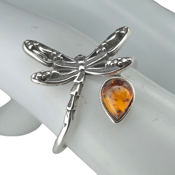 Cognac Amber .925 Silver Dragonfly Adjustable Ring