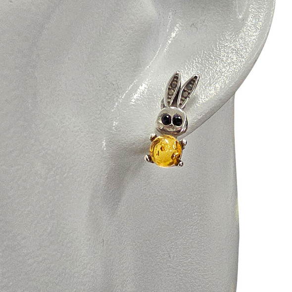 Cognac Amber Sterling Silver Bunny Stud Earrings
