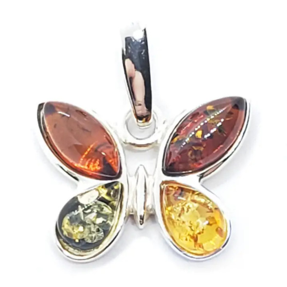Small Butterfly Multicolor Amber Sterling Silver Pendant
