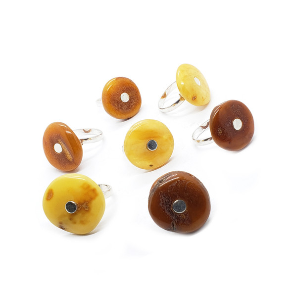 Butterscotch Amber .925 Silver Adjustable Button Ring