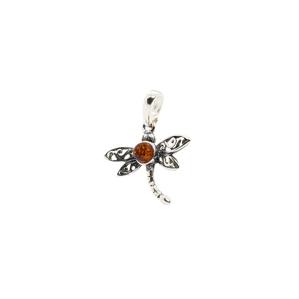 Cognac Amber .925 Silver Small Dragonfly Pendant