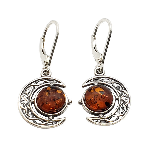 Cognac Amber Sterling Silver Celtic Moon Earrings