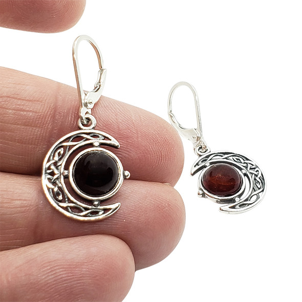 Cherry Amber Sterling Silver Celtic Moon Earrings