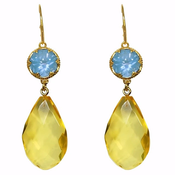 Faceted Citrine Amber And Blue Topaz Gold Plated Silver Earrings