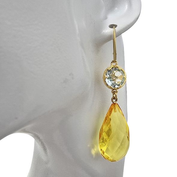 Faceted Citrine Amber And Blue Topaz Gold Plated Silver Earrings