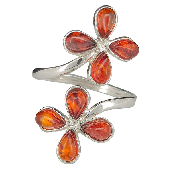Cognac Amber Sterling Silver Flower Adjustable Ring