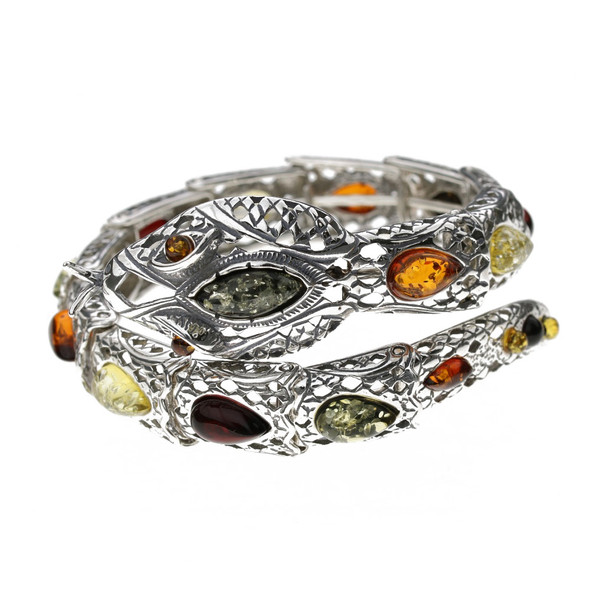Snake Multi-Color Amber Silver Bracelet On Wire