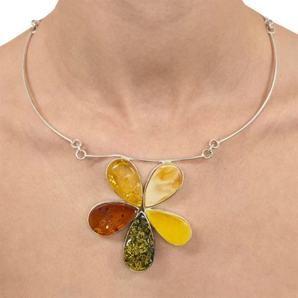 Flower Multi-Color Amber Handmade Necklace 20''