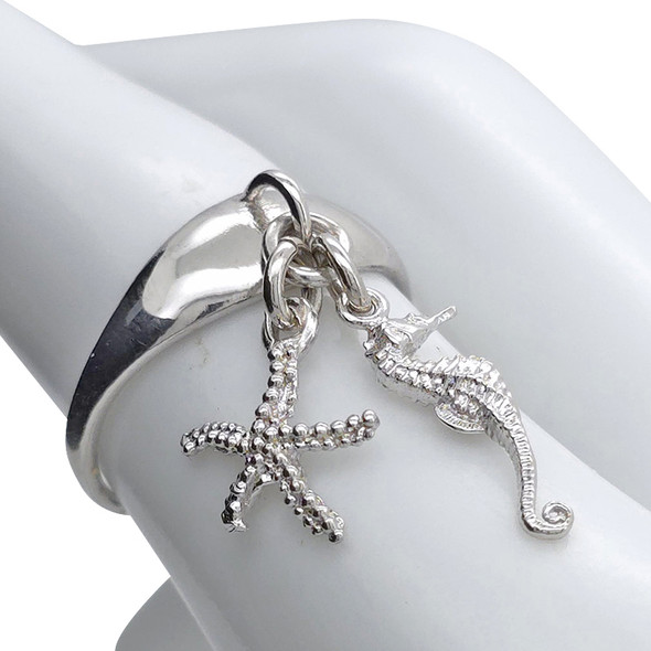 Sterling Silver Rhodium Plated Sea Starfish And Seahorse Adjustable Ring