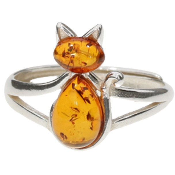 Cat Cognac Amber Silver Adjustable Ring