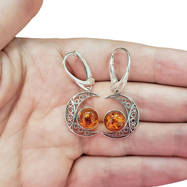 Moon Cognac Amber Sterling Silver Earrings On Hooks