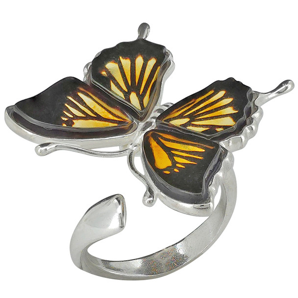 Cameo Amber Silver Butterfly Adjustable Ring